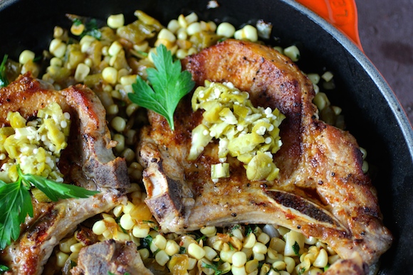 Smoky Pork Chops with Fresh Corn and Roasted Chiles, Pickled Okra