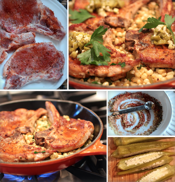 Smoky Pork Chops with Fresh Corn and Roasted Chiles, Pickled Okra