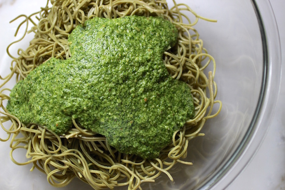 Edamame Spaghetti with Kale Cilantro Pesto Recipe