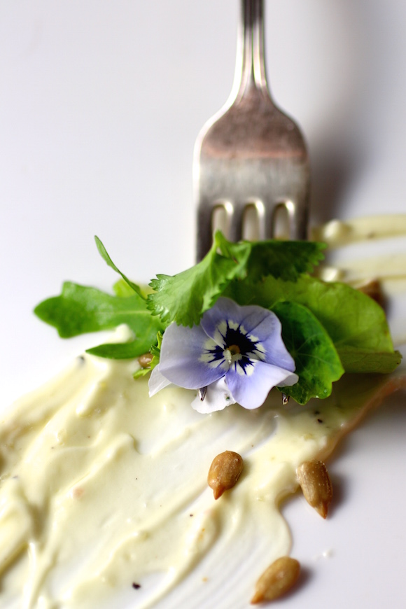 "Grilled Cheese" Salad, Savory Meyer Lemon Whipped Cream, Edible Flowers