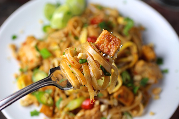 Brown Rice Noodles Pad Thai with Chicken and Tofu