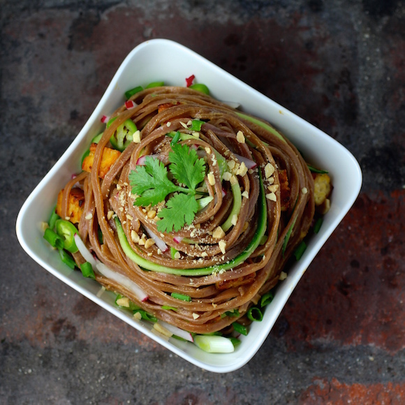 Red Rice Pad Thai Noodles with Stir-Fried Tempeh and Savory Peanut Sauce {Vegan}
