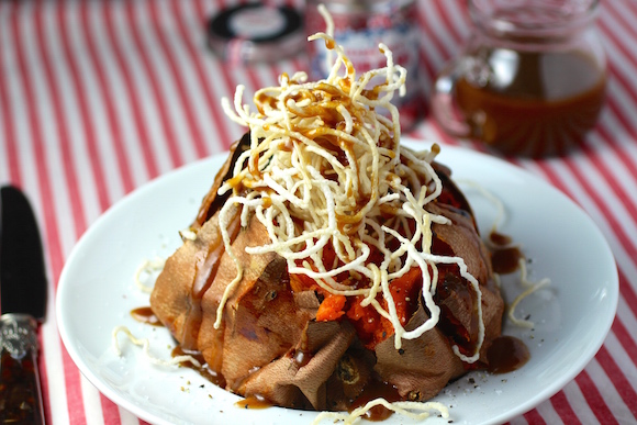 Baked Sweet Potato, Salted Caramel Puffed Rice Noodle Topping