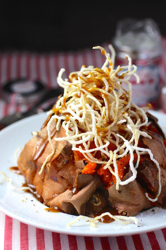 Baked Sweet Potato, Salted Caramel Puffed Rice Noodle Topping