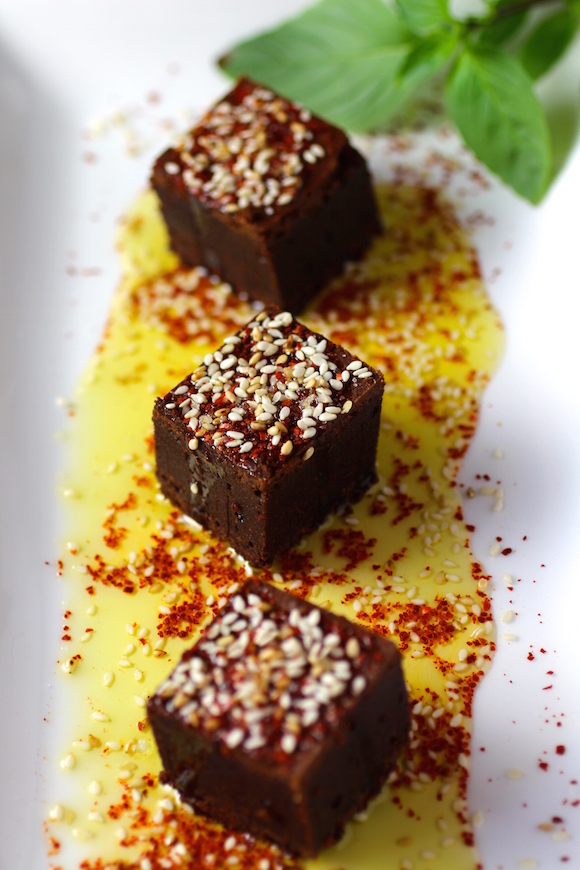Chili Chocolate Brownies with Gochugaru, Ginger, Sesame Seed, Olive Oil, Fleur de Sel