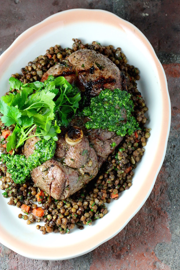 Steakhouse-Style Grilled Lamb Leg Steak, over Lentils, with Chimichurri