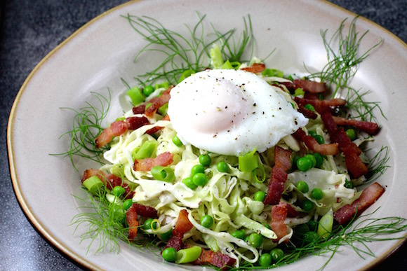 Fennel and Cabbage Slaw with Bacon, Egg, Peas