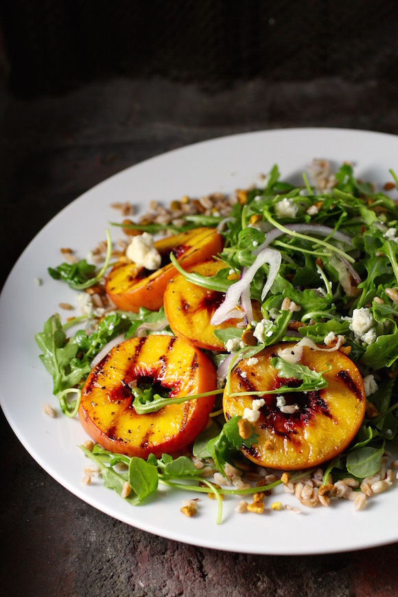Grilled Peach Salad with Farro ~ Bourbon Grilled Peaches, Arugula, Blueberries, Red Onion, Bleu Cheese, Pistachio Nuts Maple Bourbon Rosemary Dressing