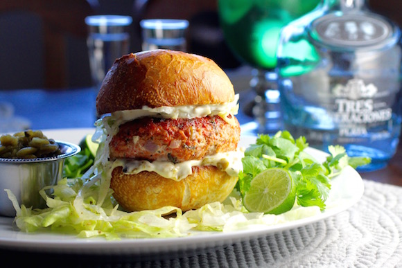“Margarita” Salmon Burger with Tequila, Lime, and Hatch Chiles