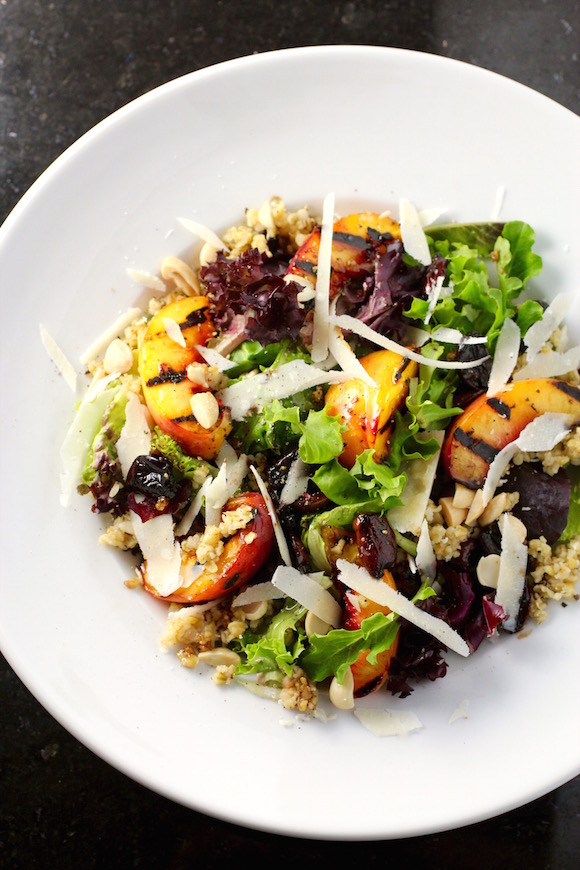 Grilled Nectarine Salad with Freekeh, Mixed Greens, Marcona Almonds, Parmesan, Fried Kalamata Olive Balsamic Reduction