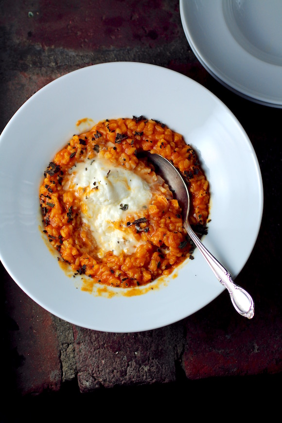 Smoky Pumpkin Risotto Stuffed with Burrata, Crumbled Fried Sage