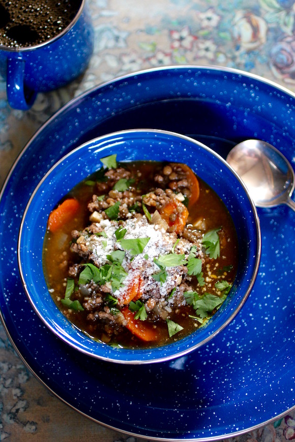Wintery French Lentil Soup with Beef, Carrots, Sherry Vinegar, Parmesan, Cilantro