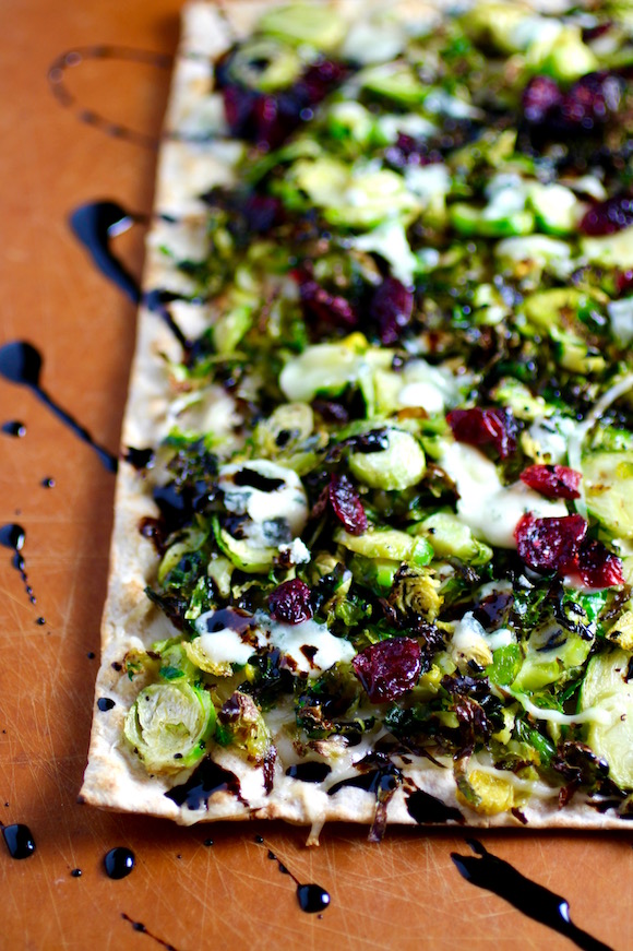 Crispy Shaved Brussels Sprouts Flatbread with Bleu Cheese, Dried Cranberries, Balsamic Syrup