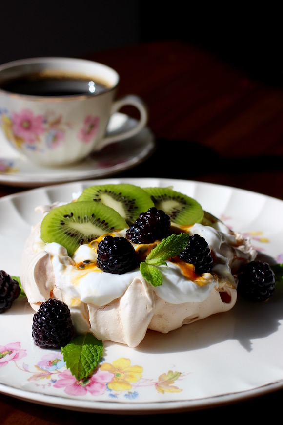 Pavlova with Whipped Yogurt Cream, Kiwi, Passion Fruit, Blackberry, Mint