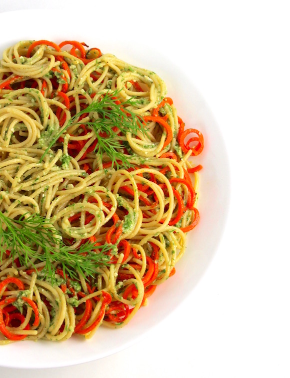 Chickpea Spaghetti with Roasted Carrots, Cilantro Dill Pesto #glutenfreevegan