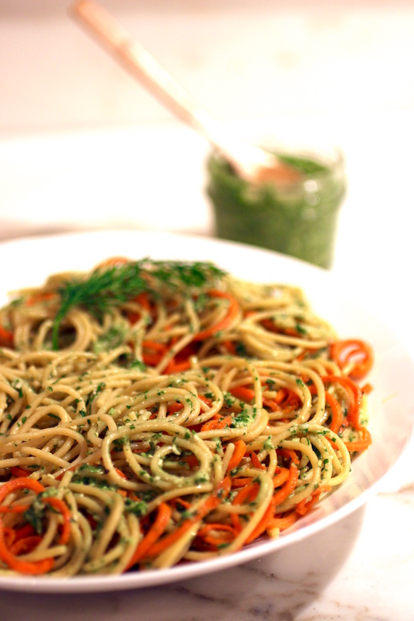 Chickpea Spaghetti with Roasted Carrots, Cilantro Dill Pesto #glutenfreevegan