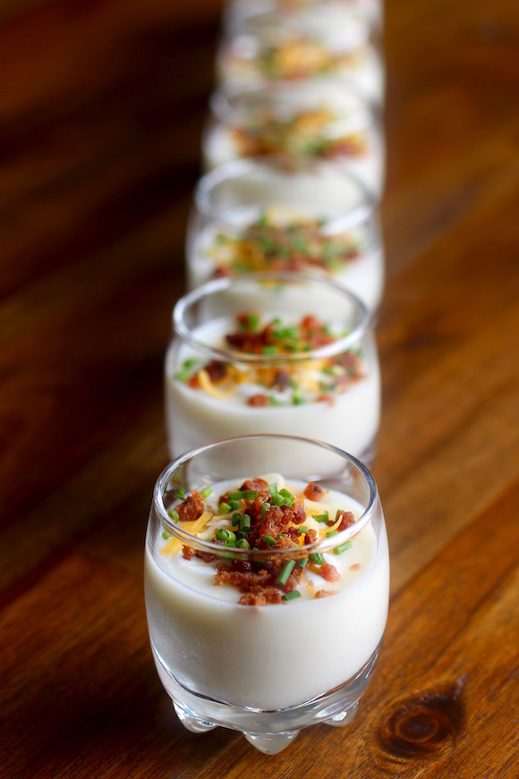 Baked Potato Shooters with Bacon, Crema, Cheese, and Chives