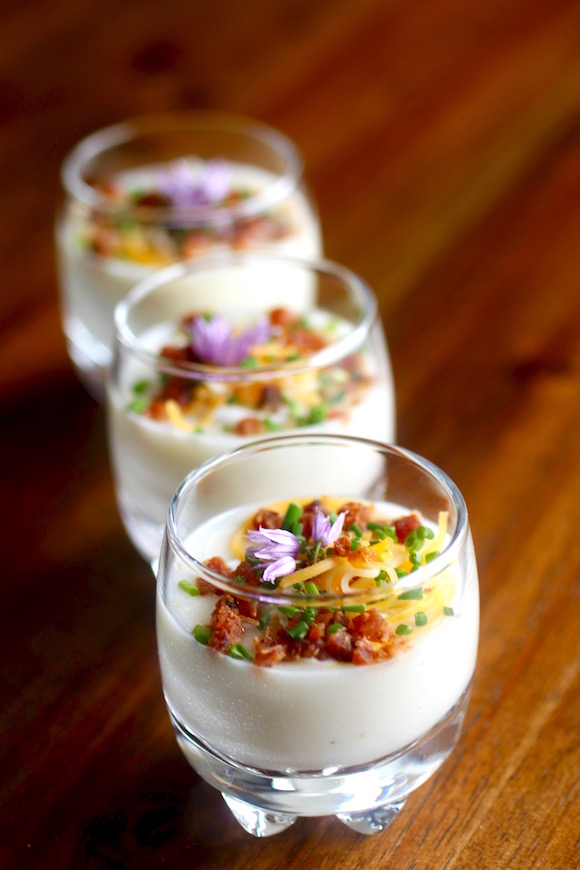 Baked Potato Shooters! Bacon, Mexican Crema, Cheese, and Chives, Chive Blossoms Too