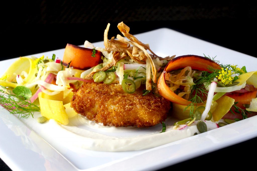 An Ode To The Fish Taco - Panko Crusted Halibut, Cabbage, Fennel, Carrot Slaw, Fresh herbs, Baja White Sauce, Tortilla Strips