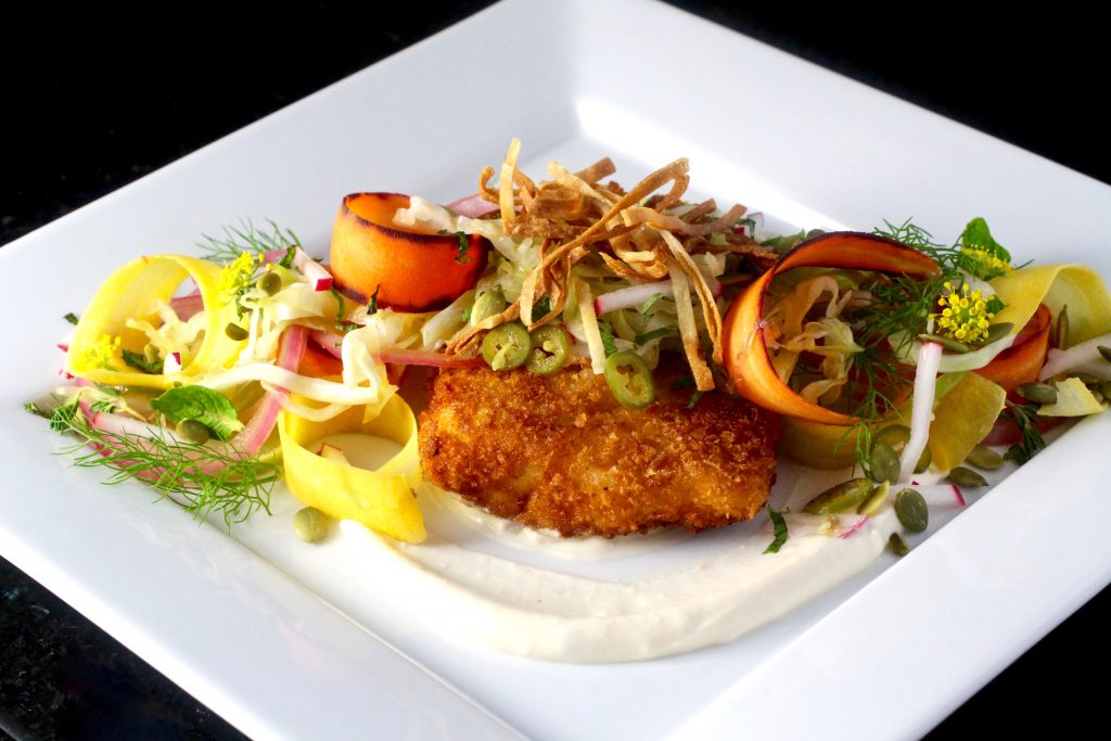 An Ode To The Fish Taco - Panko Crusted Halibut, Cabbage, Fennel, Carrot Slaw, Fresh herbs, Baja White Sauce, Tortilla Strips
