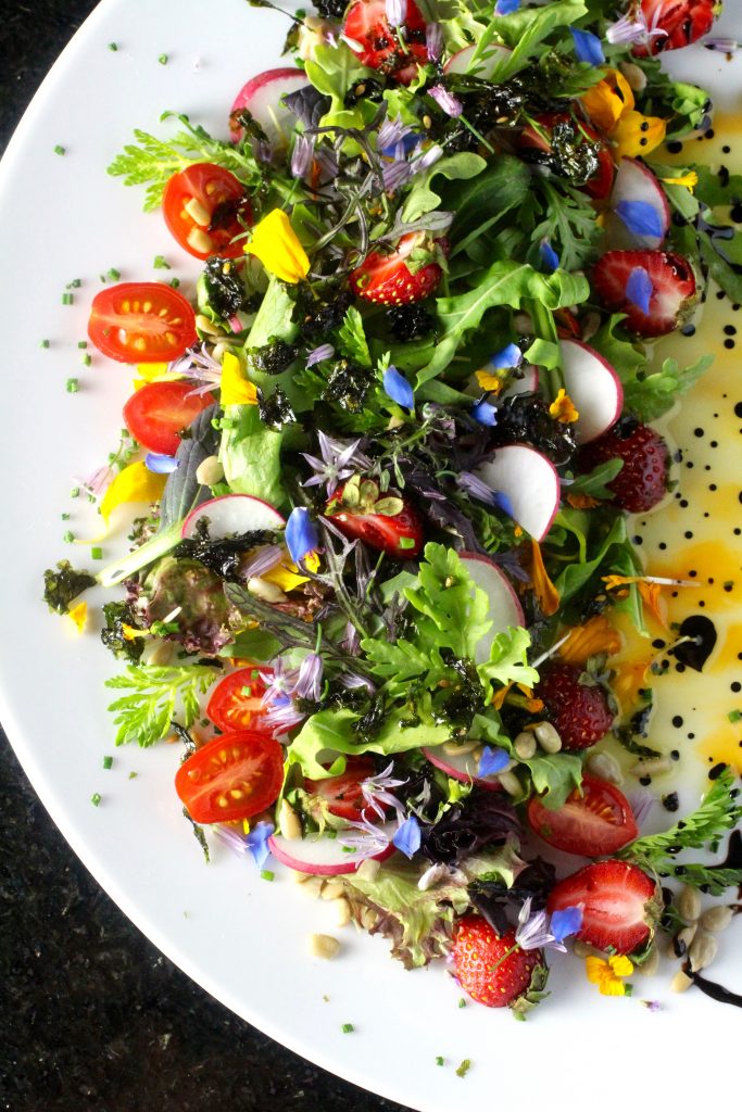Edible Flower Salad with Wild Strawberries and Grape Tomatoes