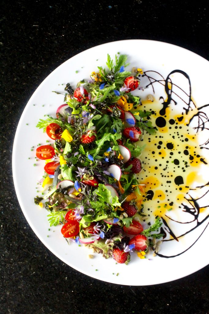 Edible Flower Salad with Wild Strawberries and Grape Tomatoes