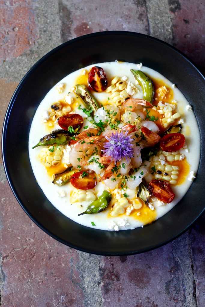 Shrimp and Grits with Lemony Lobster Butter and Grilled Corn, Okra, Tomato, Shishito