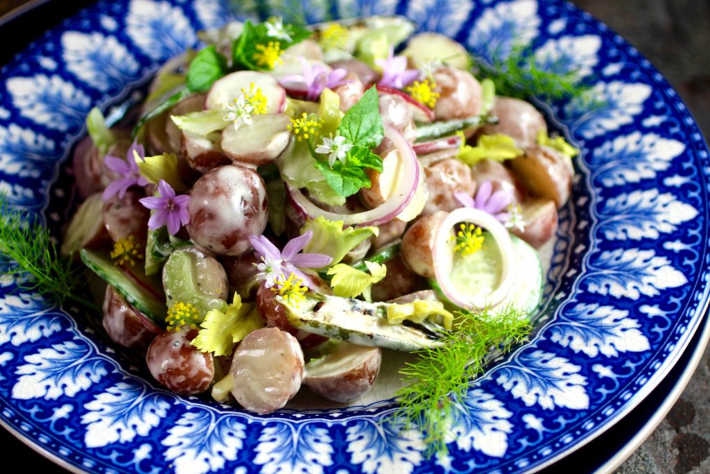 Pretty Petite Potato Salad, Vinagre de Jerez Dressing with Grilled Okra, Celery, Peperoncini, Radish, Cucumber, Red Onion, Herbs and Edible Flowers