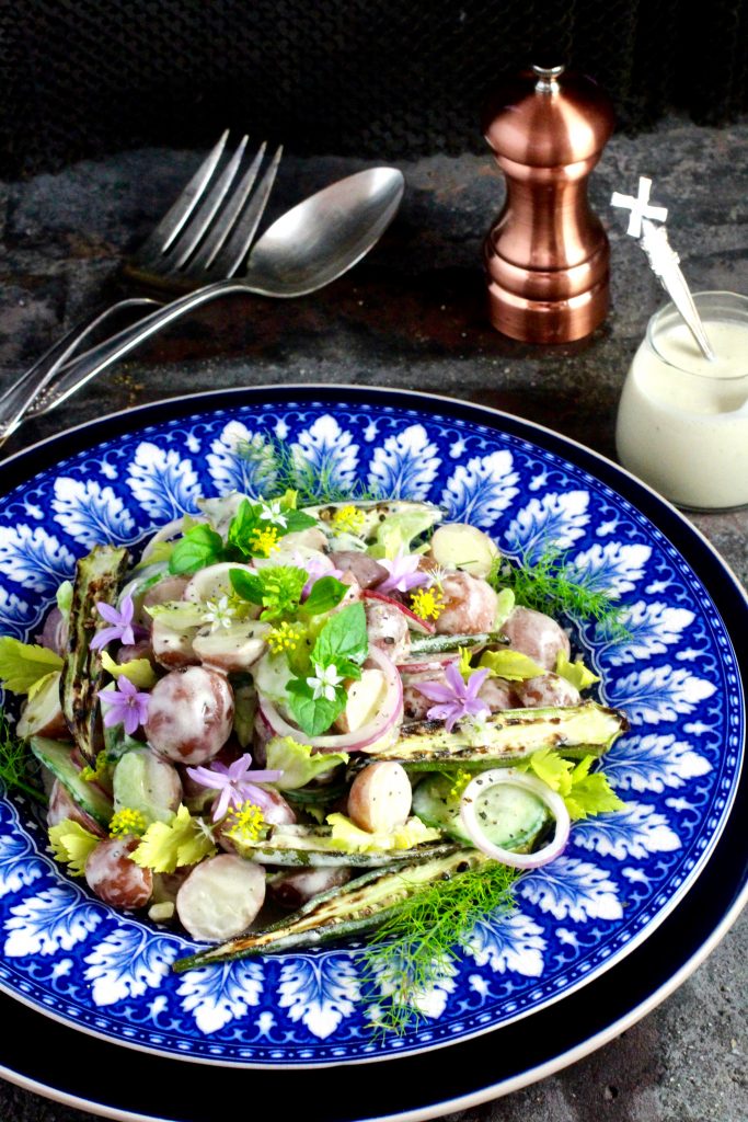 Pretty Petite Potato Salad, Vinagre de Jerez Dressing with Grilled Okra, Celery, Peperoncini, Radish, Cucumber, Red Onion, Herbs and Edible Flowers