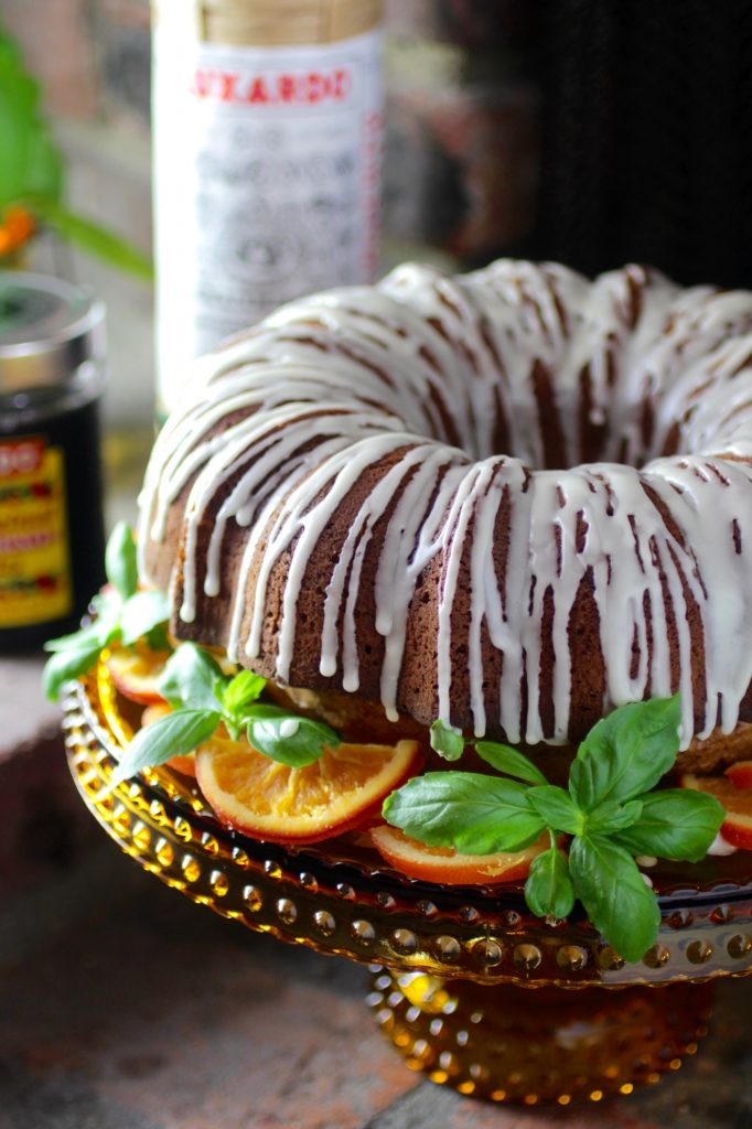 Olive Oil Bundt Cake with Luxardo Glaze, Cherries, and Candied Orange