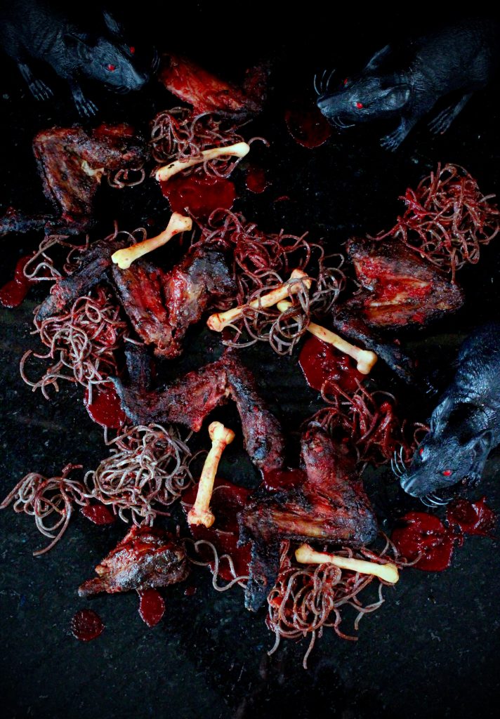 Roadkill Spaghetti with Chicken Wings for Halloween