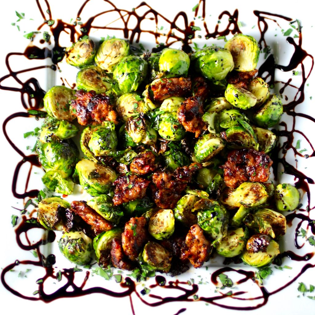 Roasted Brussels Sprouts, Italian Sausage, Balsamic Syrup