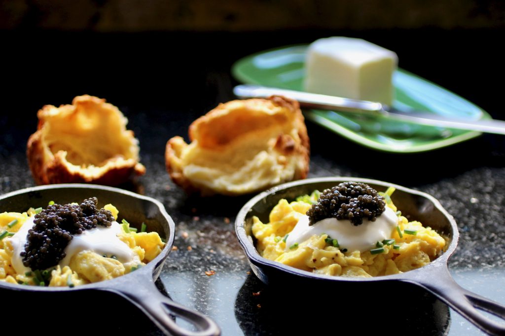 Holiday Breakfast: Scrambled Eggs, Chives, Caviar, Crème Fraîche