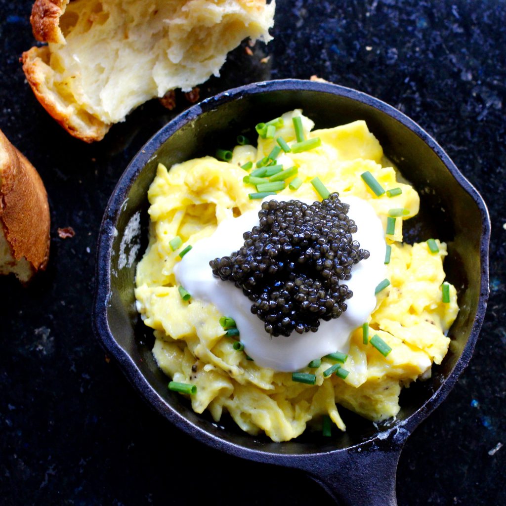 Holiday Breakfast: Scrambled Eggs, Caviar, Crème Fraîche, Chives