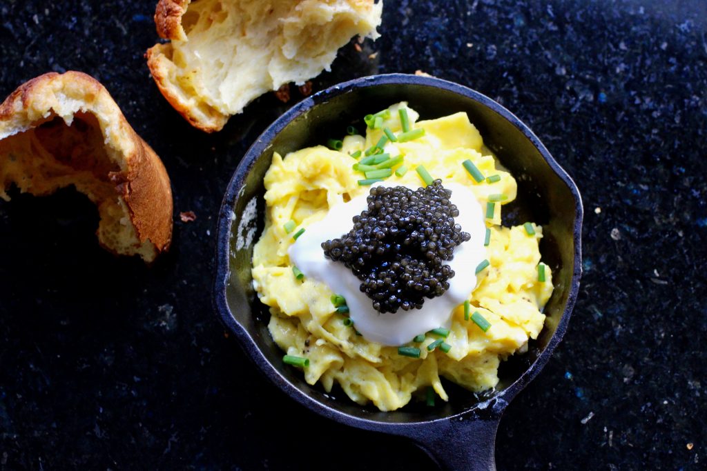 Holiday Breakfast: Scrambled Eggs, Chives, Caviar, Crème Fraîche