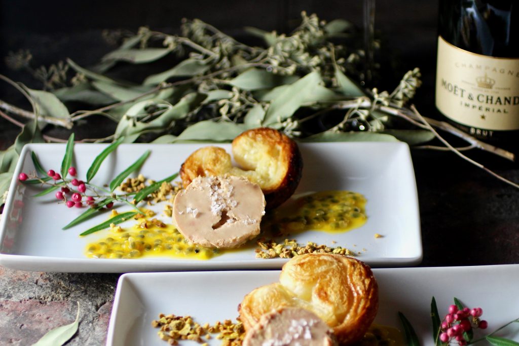 Foie Gras with Sweet & Salty Palmier Cookies, Passionfruit, Pistachios