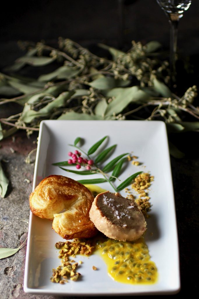 Foie Gras with Sweet & Salty Palmier Cookies, Passionfruit, Pistachios