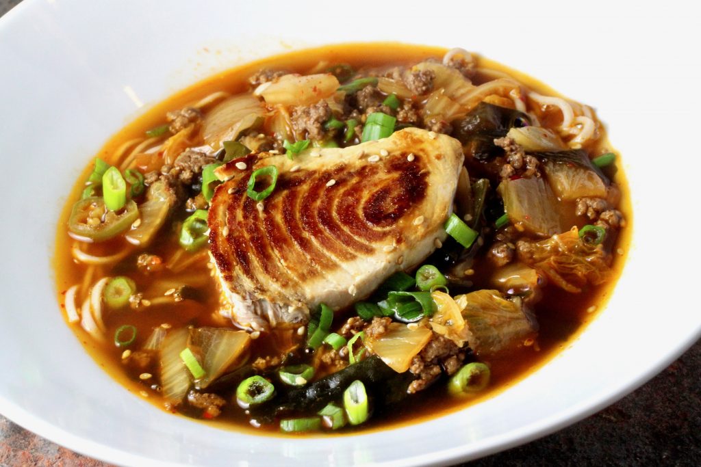 Sour and Spicy Kimchi Soup with Soba and Swordfish