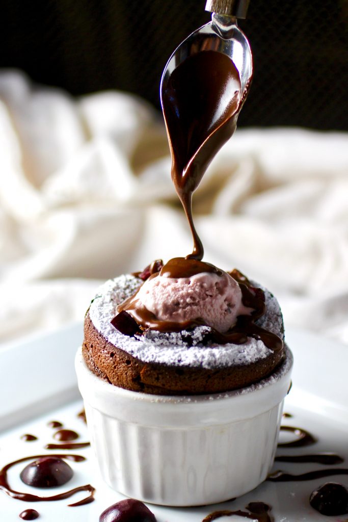 Chocolate Soufflé with Cherry Vanilla Ice Cream