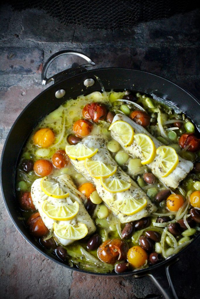 Lemony Alaskan Cod, Heirloom Fordhook Lima Beans, Olives, Tomatoes