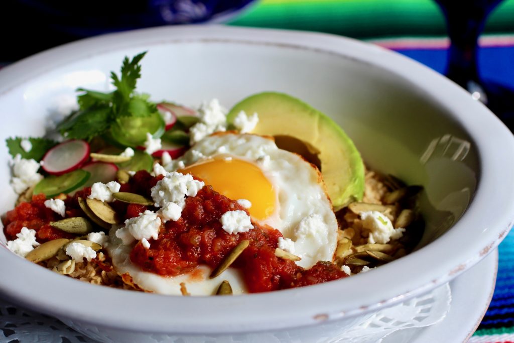 Sunnyside Oatmeal Breakfast Bowl with Avocado, Salsa Roja, Feta