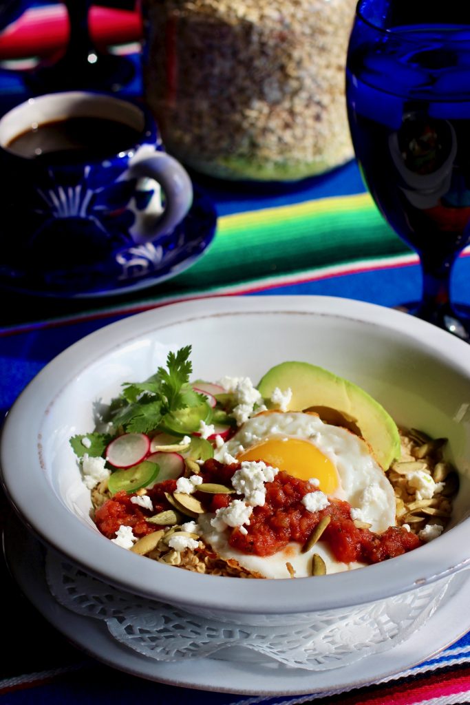 Sunnyside Oatmeal Breakfast Bowl with Avocado, Salsa Roja, Feta