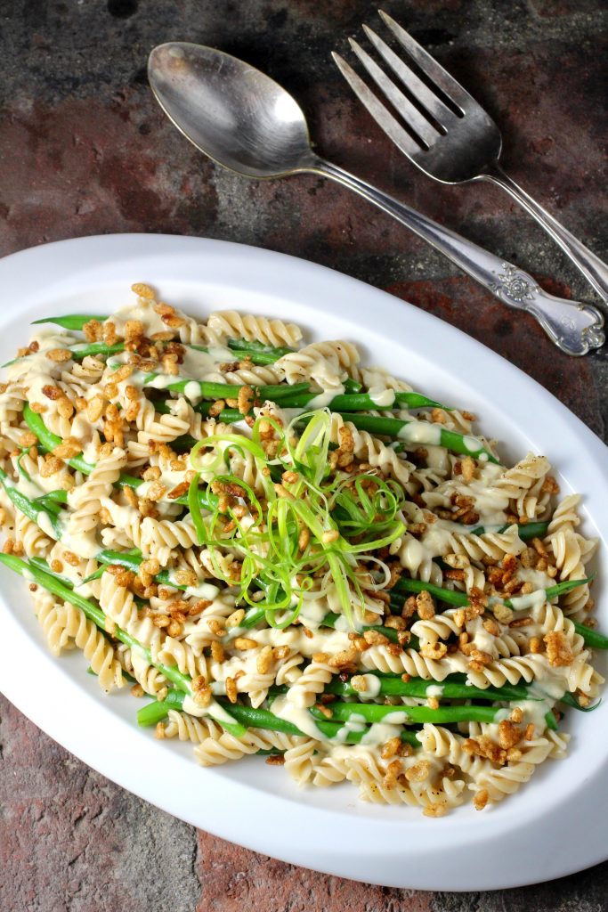 Great New Side Dish: Brown Rice Fusilli and Green Beans, Tahini Sauce, Crispy Rice Topping