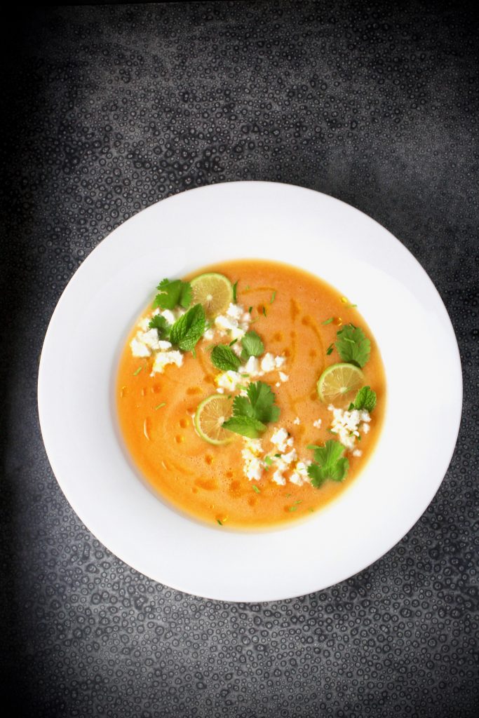 Chilled Cantaloupe and Key Lime Soup, Feta and Fresh Herbs