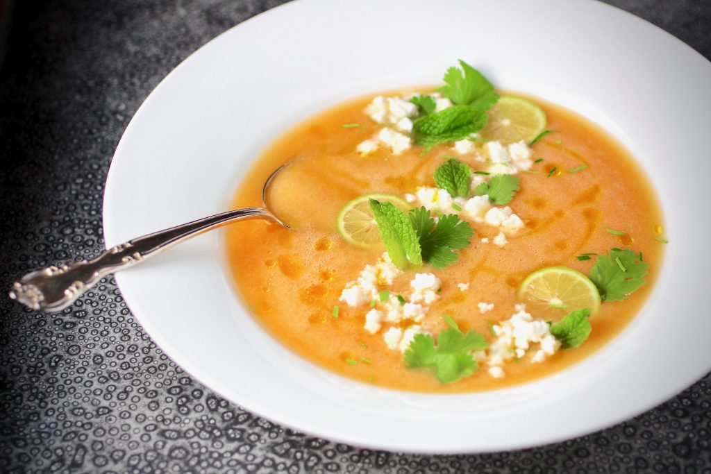 Chilled Cantaloupe and Key Lime Soup, Feta and Fresh Herbs