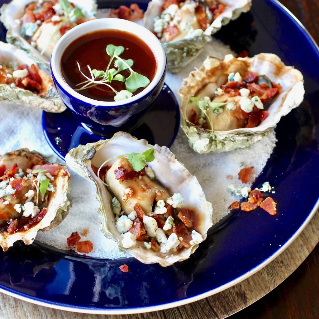 Grilled Oysters with BBQ Sauce and Bacon and Bleu Cheese