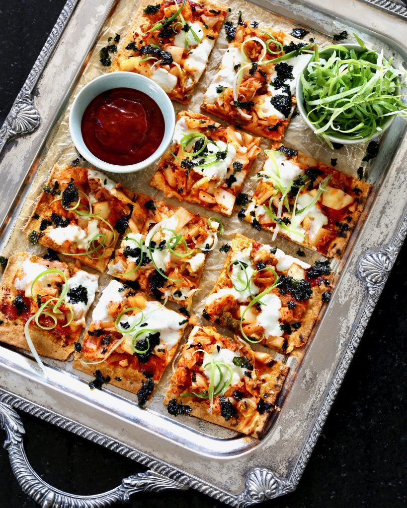Kimchi Flatbread with Fresh Mozzarella - Gochujang Sauce, Scallion Curls, Roasted Seaweed