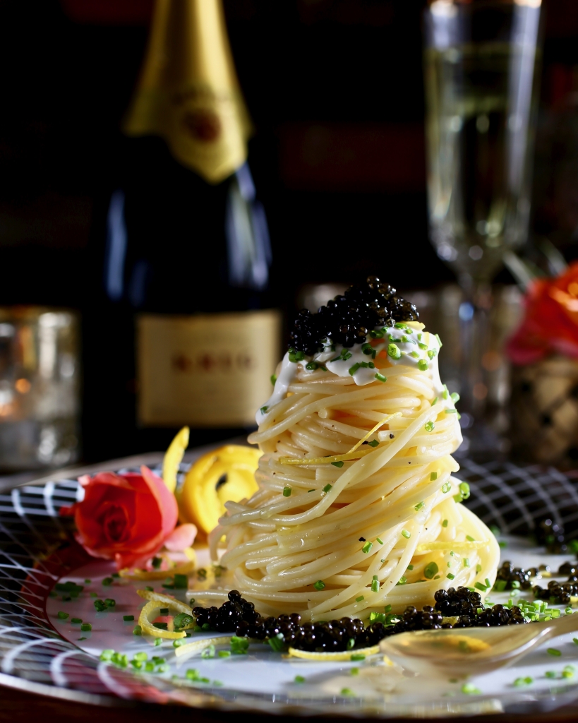 Lemon Butter Spaghetti Tower with Caviar, Creme Fraiche, Chives