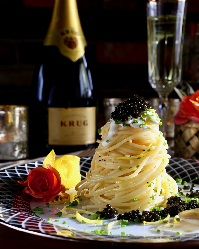 Lemon Butter Spaghetti Tower with Caviar, Creme Fraiche, Chives