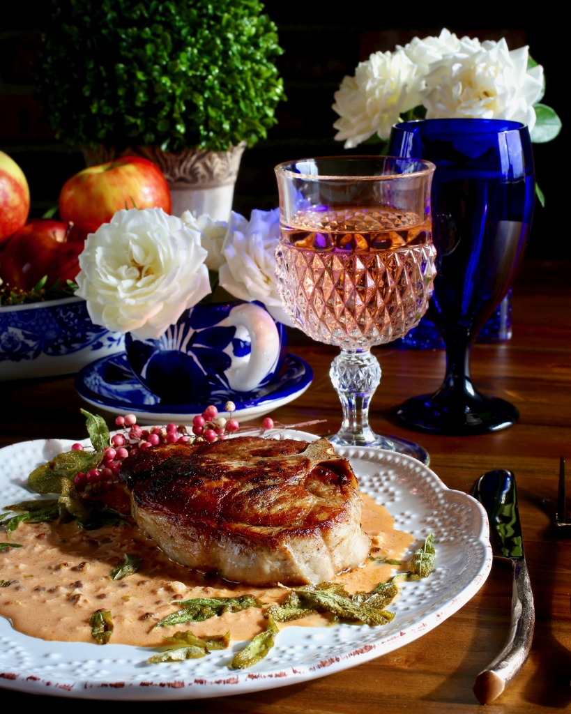 Brined Pan-Seared Pork Chop, Pink Peppercorn Sauce, Fried Sage